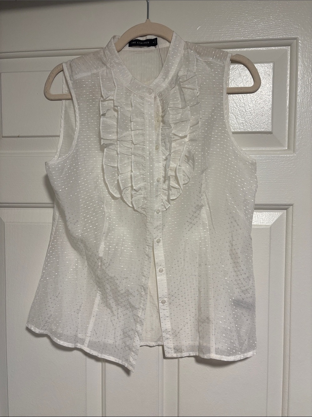 The Limited Silk & Cotton White Sleeveless Ruffle-Front Dot-Texture Blouse